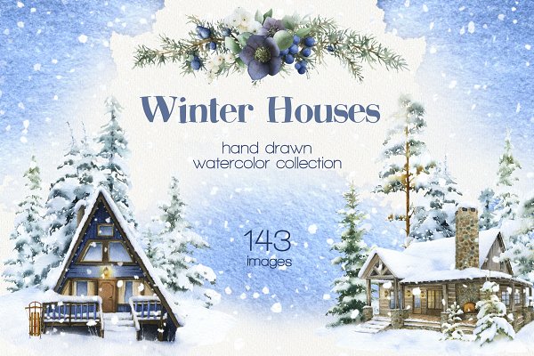 Download Winter Houses watercolor collection
