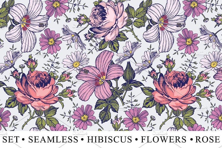 Download Set Seamless Flowers Rose Hibiscus