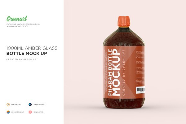 Download 1000ml Amber Glass Bottle Mockup