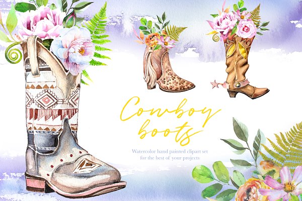 Download Watercolor Cowboy Boots Clipart Set