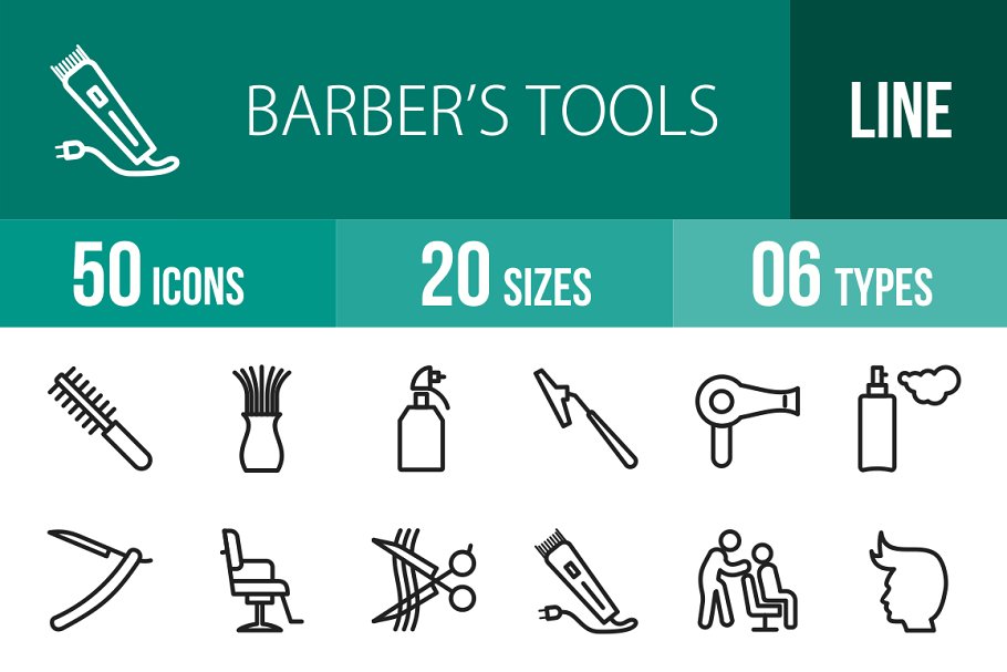 Download 50 Barber’s Tools Line Icons