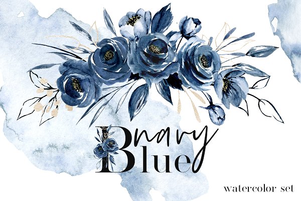 Download Sale! Navy blue flowers watercolor.