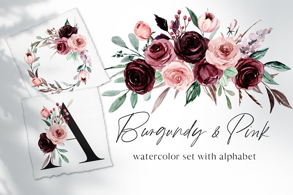Download Watercolor burgundy and pink flowers