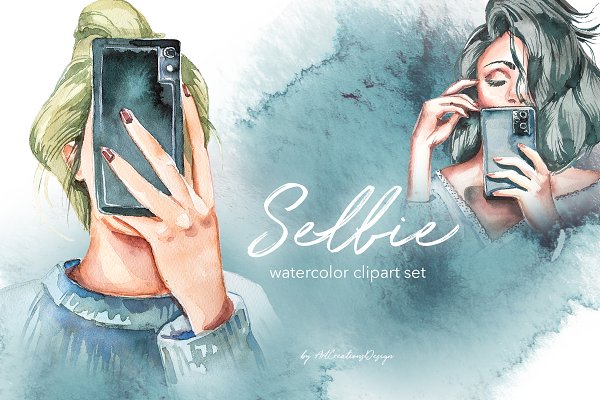 Download Watercolor Selfie Clipart Set