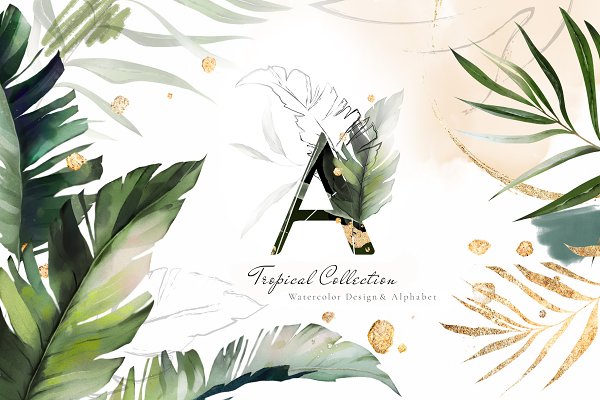 Download Tropical Watercolor & Gold Leaves