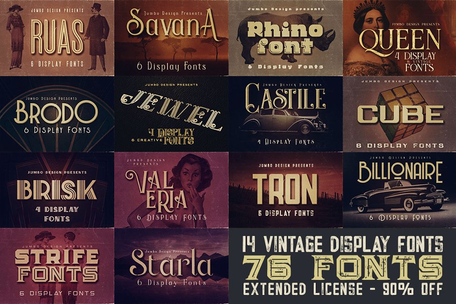 Download 14 Vintage Display Fonts - 76 Fonts