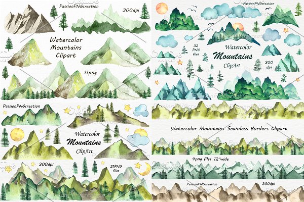 Download Big Set of Watercolor Mountains