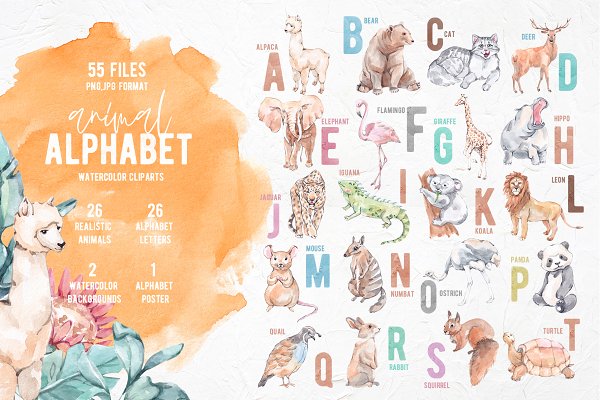 Download Watercolor Animal Alphabet. ABC