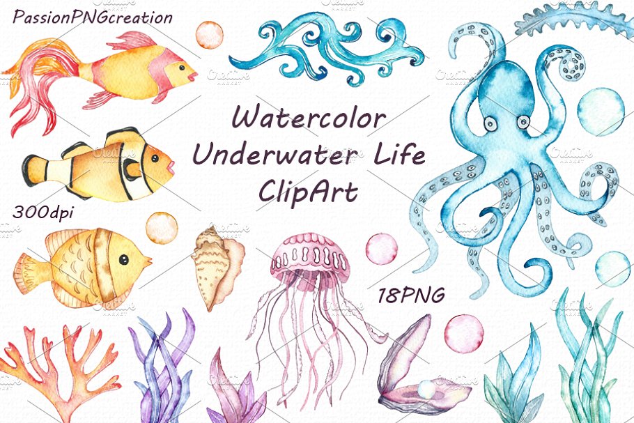 Download Watercolor Underwater Life Clipart