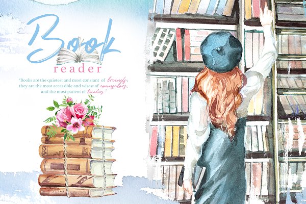 Download Watercolor Book Reader Clipart Set