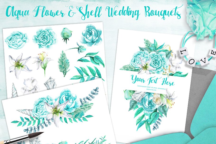 Download Aqua Flower & Shell Wedding Bouquets