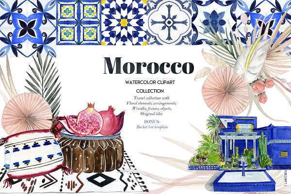 Download Morocco. Tropical. Watercolor tiles.