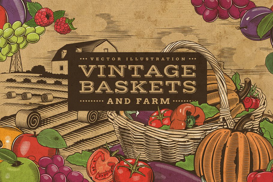 Download Vintage Fruits & Vegetables Baskets