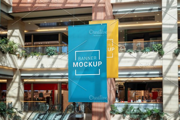 Download Banner mockups hanged inside mall
