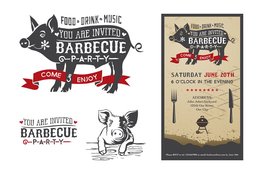 Download Invitation card barbecue pig