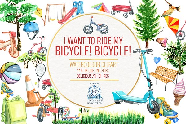 Download Bicycle and Park Watercolor Clipart