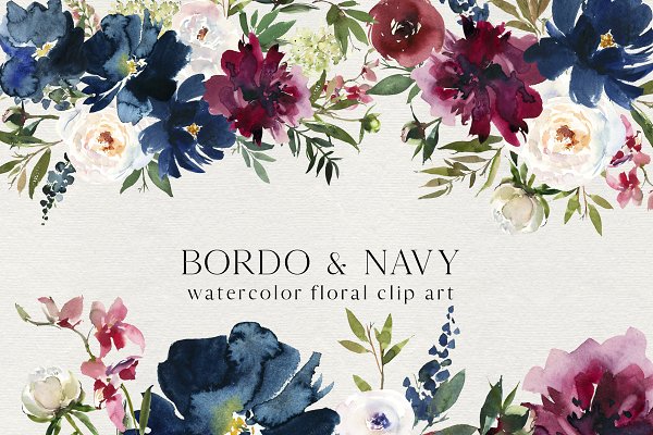 Download Bordo & Navy Watercolor Flowers PNG
