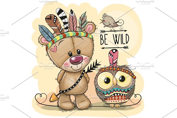 Download Cute tribal Teddy Bear and owl with