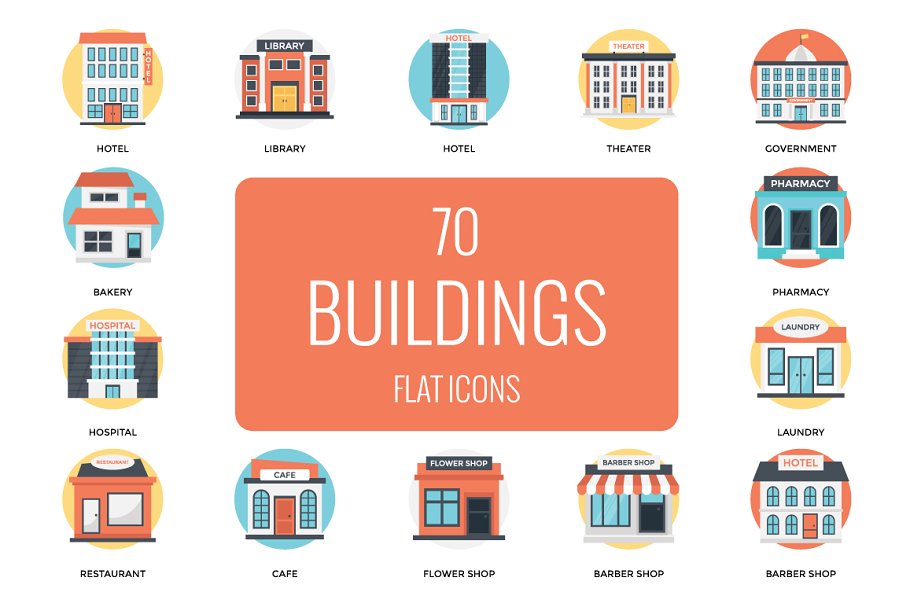 Download 70 Flat Icons Set of Buildings