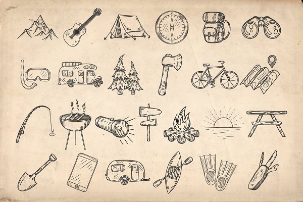 Download Set of doodle camping icons.