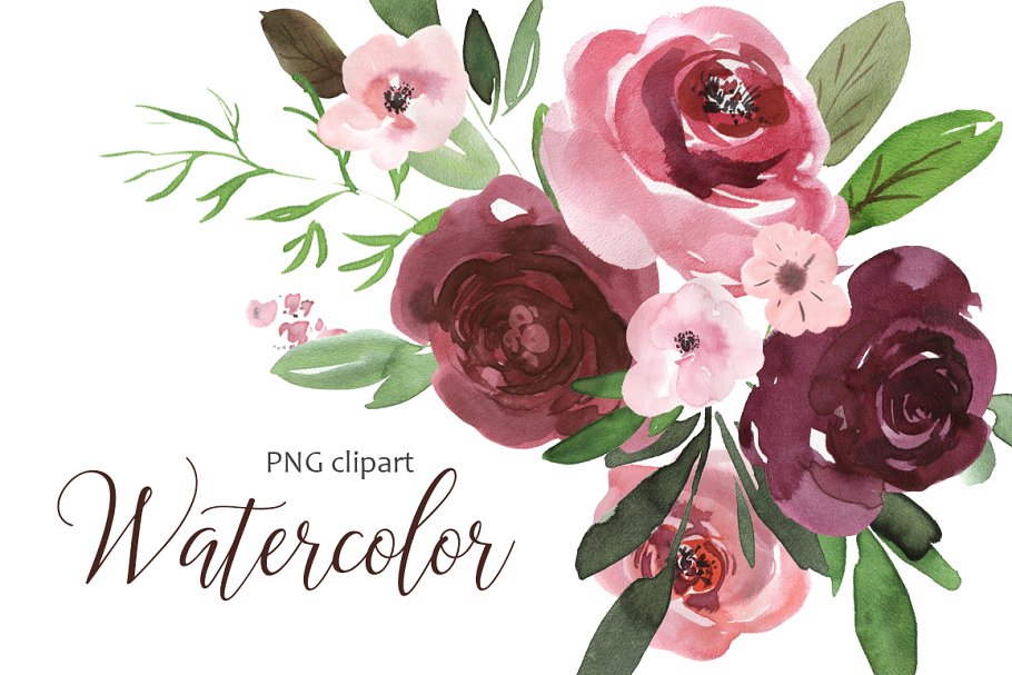 Download Watercolor pink & burgundy flowers