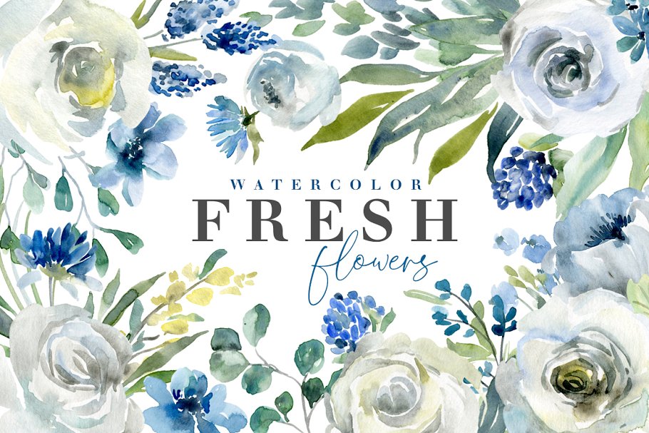 Download Watercolor Blue & White Flowers Png