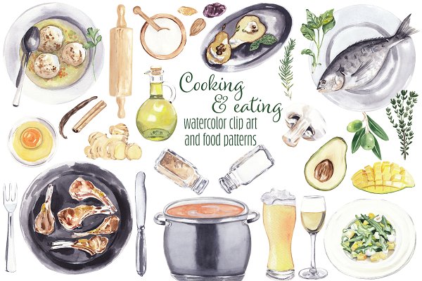 Download Watercolor cooking & eating clipart