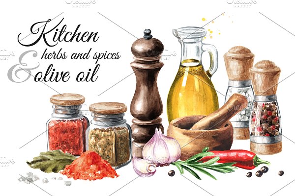 Download Kitchen herbs and spices & olive oil