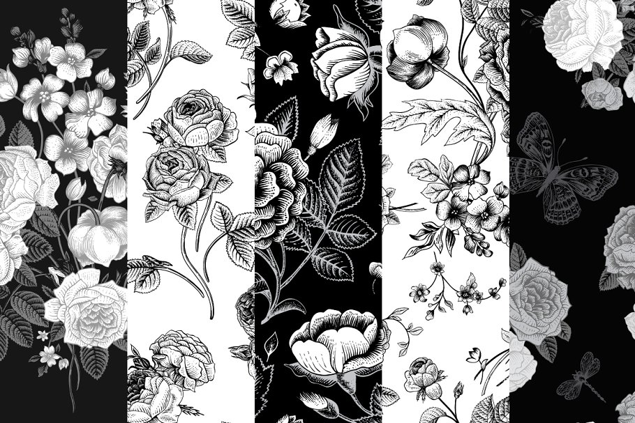 Download Set of vintage floral pattern B & W