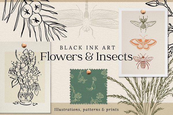 Download Flowers & Insects | Black Ink Art
