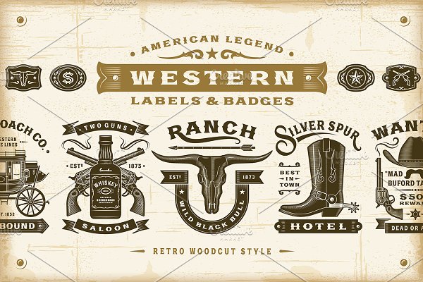 Download Vintage Western Labels & Badges Set
