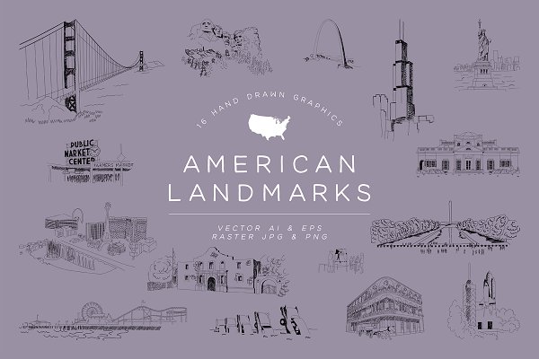 Download Hand Drawn American Landmarks Bundle