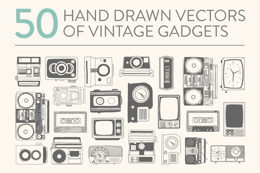 Download 50 hand drawn vector vintage gadgets