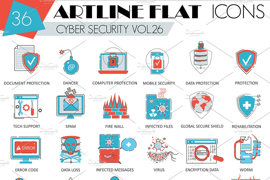 Download 36 Cyber security flat line icons