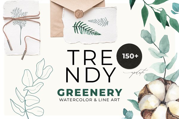 Download TRENDY GREENERY watercolor & line