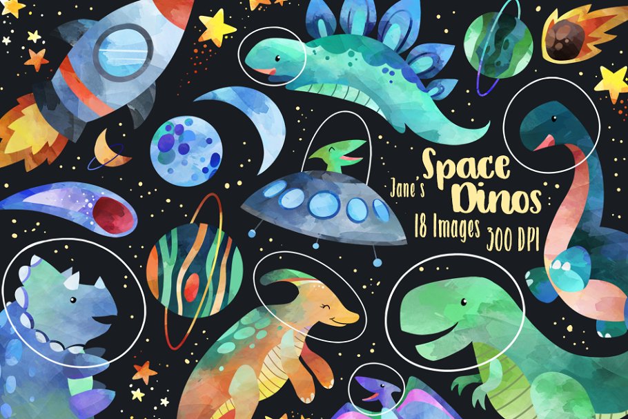 Download Watercolor Space Dinosaurs Clipart