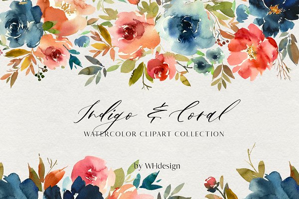 Download Indigo Coral Watercolor Flowers PNG