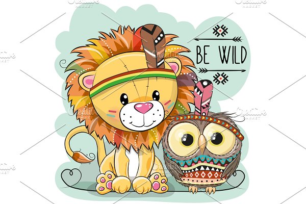 Download Cute Cartoon tribal Lion and owl