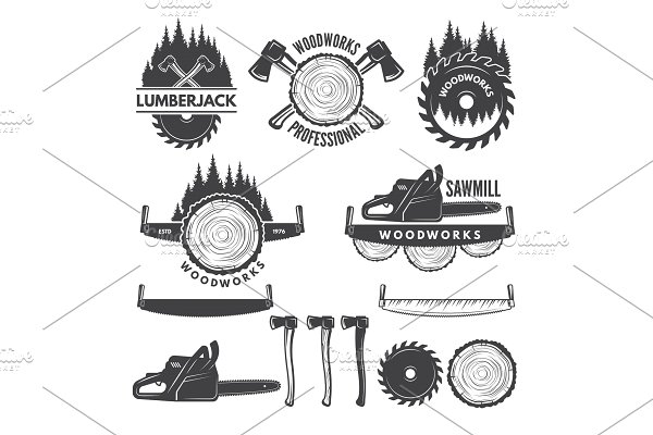 Download Labels with lumberjack and woodwork