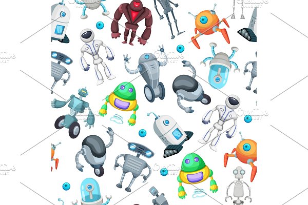 Download Seamless pattern with cute funny robots. Vector pictures in cartoon style