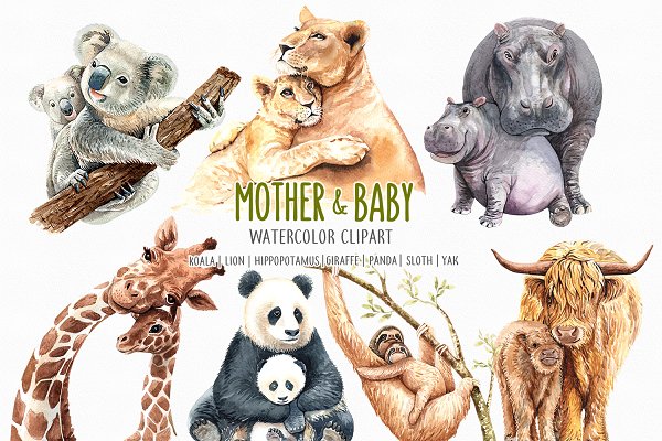 Download Watercolor Mom and Baby Animals