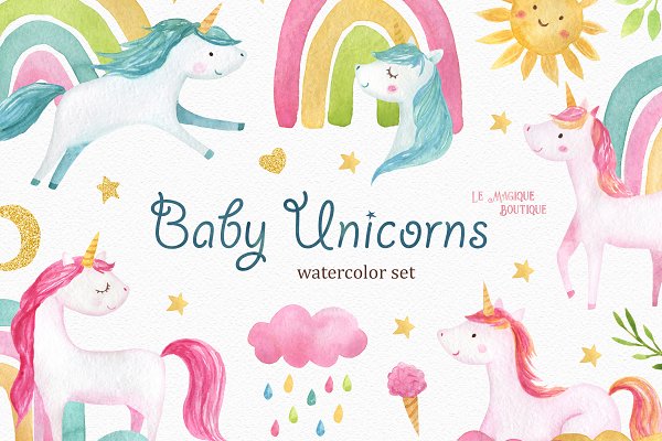 Download Baby Unicorns Watercolor Set