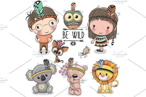 Download Set of Cute tribal girl and boy and animals