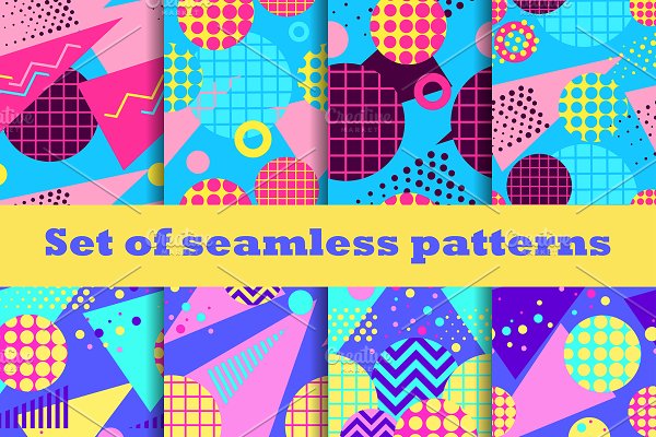 Download Memphis seamless patterns set