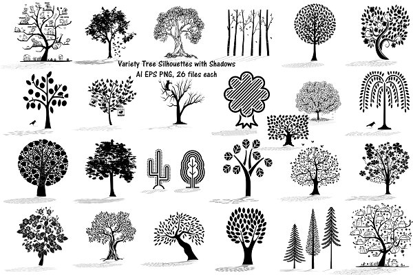 Download Tree Silhouettes w/Shadows Vector