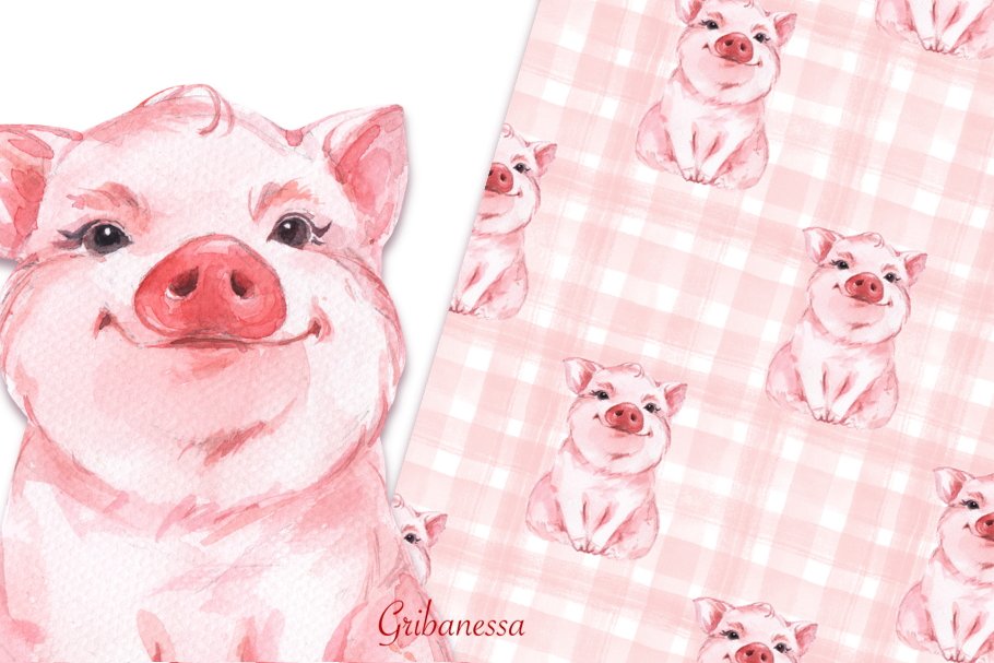 Download Pig and pattern. Watercolor