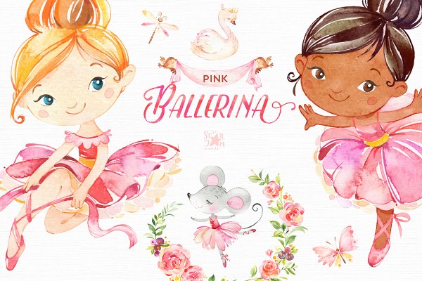 Download Pink Ballerina. Watercolor set.