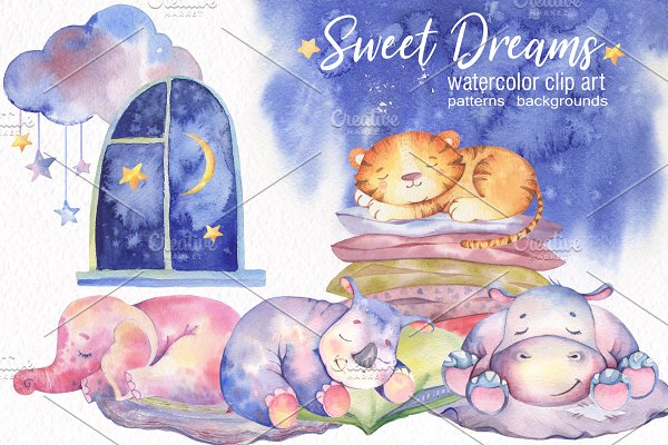 Download Watercolor sleeping animals clipart