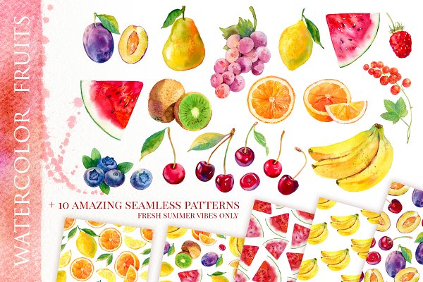 Download Watercolor fruits & 10 cool patterns