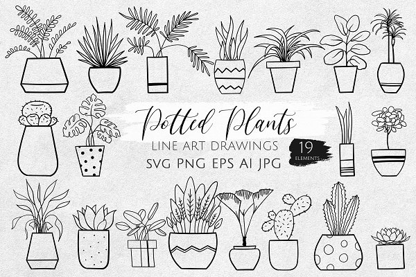 Download 19 Vector Potted Plants Line Art